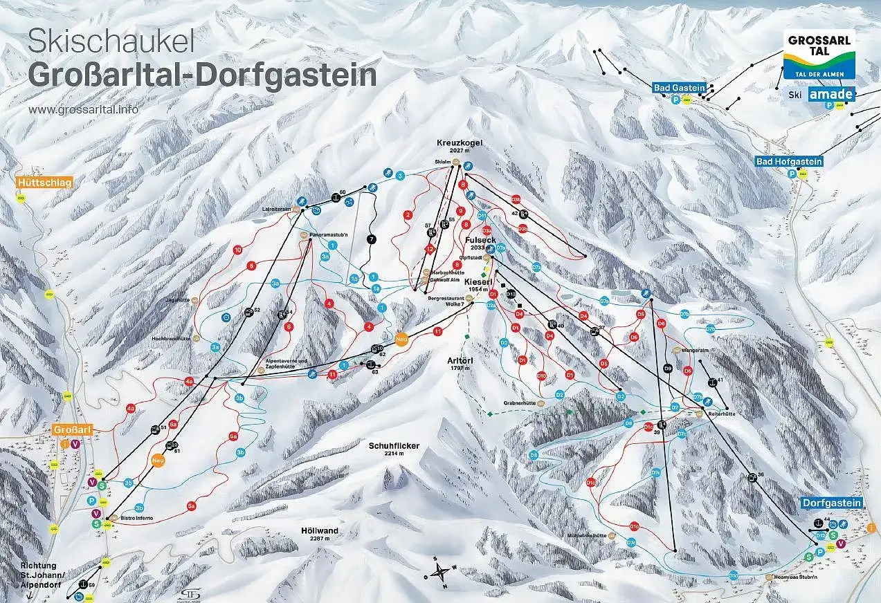 Pistenplan der Skischaukel Großarltal-Dorfgastein, einem Teil der Ski amadé. Hier finden Sie die besten Skigebiete der Alpen.