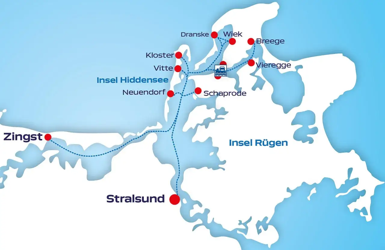 Karte zeigt die Insel Hiddensee mit Verbindungen nach Zingst, Stralsund und Rügen.