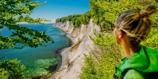 Frau blickt auf Kreidefelsen und das Meer bei Reddevitz. Grüne Bäume umrahmen die malerische Küstenlandschaft.